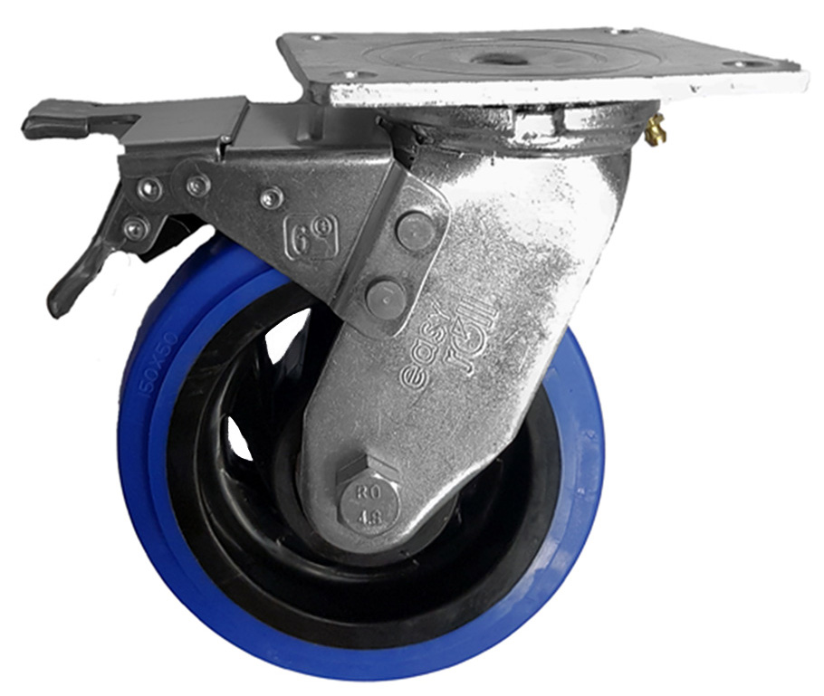 Other view of Plate Castor Swivel - Medium/Heavy Industrial - Elastic Rubber Wheels - Blue (Precision Bearings) - 300kg - 150mm - EHi