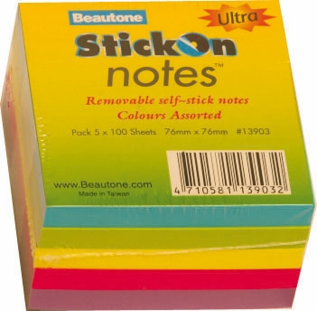 Other view of Note Pad - Sticky - 50 Pages - Assorted - 50 x 50 mm - 13656 - Stick On - Beautone - Bentex - (5 Pad/Pack)