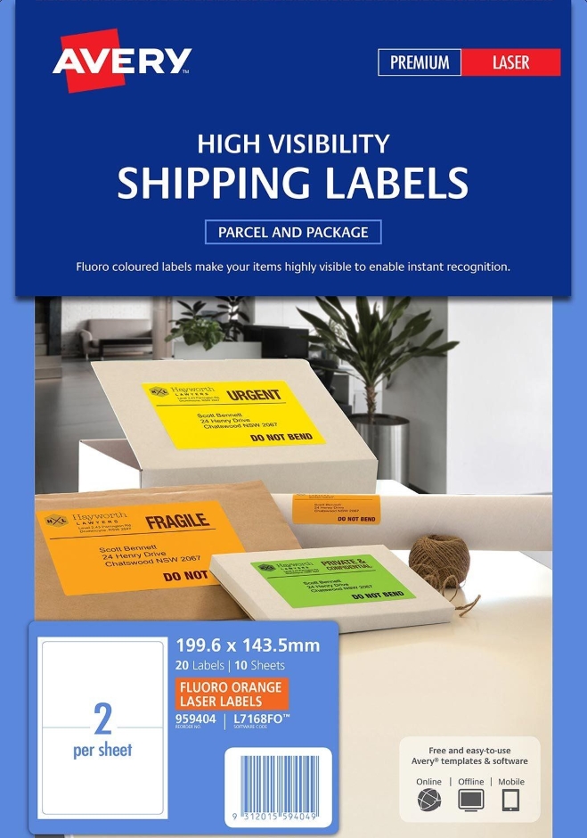 Other view of Shipping Label - High Visibility - Permanent Adhesive - Paper - Fluoro Orange - 199.6 x 143.5 mm - 2/Sheet - 959404 - Avery