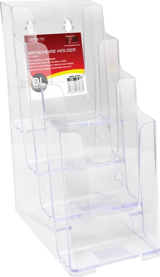 Other view of Wall Mount Brochure Holder Portrait - 4 Compartment - DL Size - Polystyrene - Clear - 123 mm W x 254 mm H - JP77701 - Deflect-O