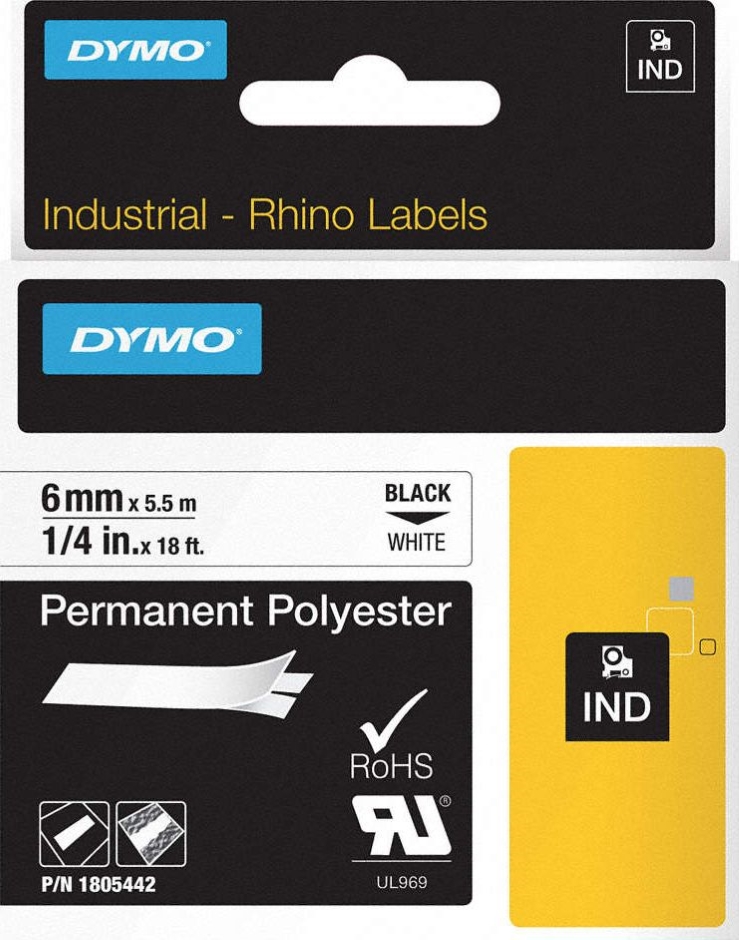 Other view of Industrial Permanent Polyester Label - Black On White - 18 ft x 1/4" - Dymo