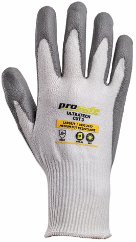 Other view of PROSAFE Ultratech W9676PUHW Cut Resistant Gloves - Cut B - 13 Gauge HPPE Liner - Polyurethane Palm Coated - White/Grey - L